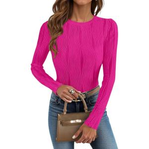imageZESICA Long Sleeve Shirts for Women Tops 2025 Fall Fashion Trendy Slim fit Textured TshirtsRose