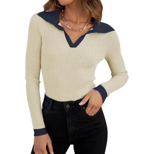 imageZESICA Sweaters for Women 2025 Fall Long Sleeve V Neck Ribbed Knit Pullover Tops Casual Slim Fit Basic Tee ShirtsApricot