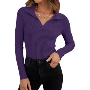 imageZESICA Sweaters for Women 2025 Fall Long Sleeve V Neck Ribbed Knit Pullover Tops Casual Slim Fit Basic Tee ShirtsDark Purple