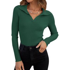 imageZESICA Sweaters for Women 2025 Fall Long Sleeve V Neck Ribbed Knit Pullover Tops Casual Slim Fit Basic Tee ShirtsDarkgreen