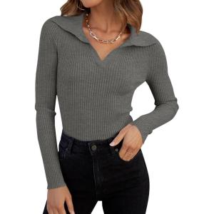 imageZESICA Sweaters for Women 2025 Fall Long Sleeve V Neck Ribbed Knit Pullover Tops Casual Slim Fit Basic Tee ShirtsGrey