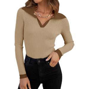 imageZESICA Sweaters for Women 2025 Fall Long Sleeve V Neck Ribbed Knit Pullover Tops Casual Slim Fit Basic Tee ShirtsKhaki