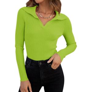 imageZESICA Sweaters for Women 2025 Fall Long Sleeve V Neck Ribbed Knit Pullover Tops Casual Slim Fit Basic Tee ShirtsLight Green
