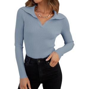 imageZESICA Sweaters for Women 2025 Fall Long Sleeve V Neck Ribbed Knit Pullover Tops Casual Slim Fit Basic Tee ShirtsLightblue