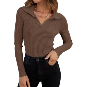 imageZESICA Sweaters for Women 2025 Fall Long Sleeve V Neck Ribbed Knit Pullover Tops Casual Slim Fit Basic Tee ShirtsMocha