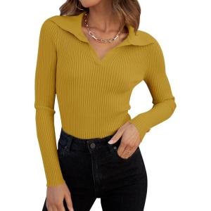 imageZESICA Sweaters for Women 2025 Fall Long Sleeve V Neck Ribbed Knit Pullover Tops Casual Slim Fit Basic Tee ShirtsMustard