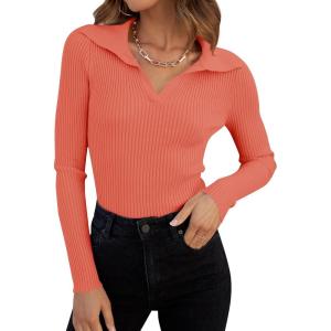 imageZESICA Sweaters for Women 2025 Fall Long Sleeve V Neck Ribbed Knit Pullover Tops Casual Slim Fit Basic Tee ShirtsPeach