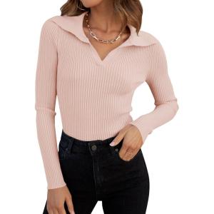 imageZESICA Sweaters for Women 2025 Fall Long Sleeve V Neck Ribbed Knit Pullover Tops Casual Slim Fit Basic Tee ShirtsPink