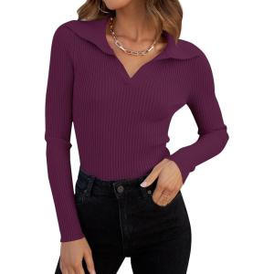 imageZESICA Sweaters for Women 2025 Fall Long Sleeve V Neck Ribbed Knit Pullover Tops Casual Slim Fit Basic Tee ShirtsPlum