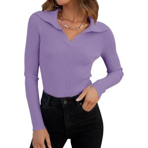 imageZESICA Sweaters for Women 2025 Fall Long Sleeve V Neck Ribbed Knit Pullover Tops Casual Slim Fit Basic Tee ShirtsPurple