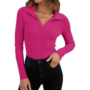 imageZESICA Sweaters for Women 2025 Fall Long Sleeve V Neck Ribbed Knit Pullover Tops Casual Slim Fit Basic Tee ShirtsRose