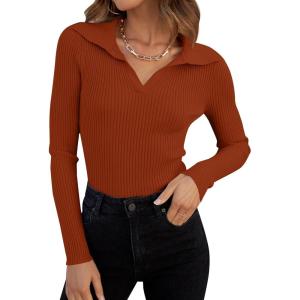 imageZESICA Sweaters for Women 2025 Fall Long Sleeve V Neck Ribbed Knit Pullover Tops Casual Slim Fit Basic Tee ShirtsRust