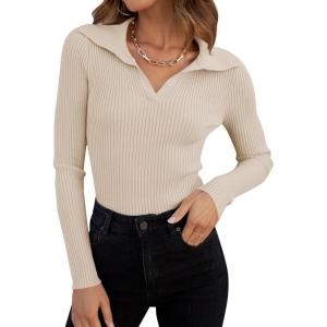imageZESICA Sweaters for Women 2025 Fall Long Sleeve V Neck Ribbed Knit Pullover Tops Casual Slim Fit Basic Tee ShirtsSand
