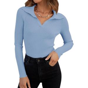 imageZESICA Sweaters for Women 2025 Fall Long Sleeve V Neck Ribbed Knit Pullover Tops Casual Slim Fit Basic Tee ShirtsSky