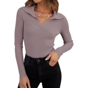 imageZESICA Sweaters for Women 2025 Fall Long Sleeve V Neck Ribbed Knit Pullover Tops Casual Slim Fit Basic Tee ShirtsTaro