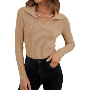 imageZESICA Sweaters for Women 2025 Fall Long Sleeve V Neck Ribbed Knit Pullover Tops Casual Slim Fit Basic Tee ShirtsToffee