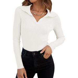imageZESICA Sweaters for Women 2025 Fall Long Sleeve V Neck Ribbed Knit Pullover Tops Casual Slim Fit Basic Tee ShirtsWhite