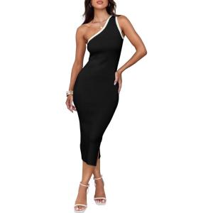 imageZESICA Womens 2025 Summer One Shoulder Bodycon Midi Dresses Casual Sleeveless Ribbed Knit Side Slit Sweater DressBlack