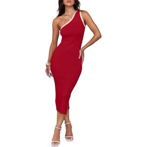 imageZESICA Womens 2025 Summer One Shoulder Bodycon Midi Dresses Casual Sleeveless Ribbed Knit Side Slit Sweater DressRed