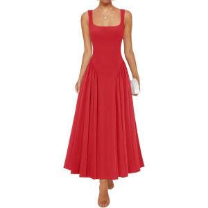 imageZESICA Womens 2025 Summer Sleeveless Square Neck Sundress Casual Long Flowy A Line Knit Dress Beach Vacation Maxi DressesRed