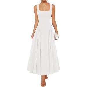 imageZESICA Womens 2025 Summer Sleeveless Square Neck Sundress Casual Long Flowy A Line Knit Dress Beach Vacation Maxi DressesWhite
