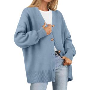 imageZESICA Womens Casual Long Sleeve Cardigan V Neck Button Down Open Front Knit Loose Oversized Sweater CoatBlue