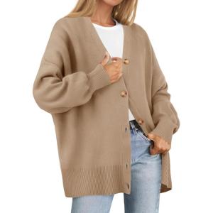 imageZESICA Womens Casual Long Sleeve Cardigan V Neck Button Down Open Front Knit Loose Oversized Sweater CoatKhaki