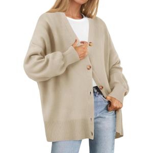 imageZESICA Womens Casual Long Sleeve Cardigan V Neck Button Down Open Front Knit Loose Oversized Sweater CoatSand
