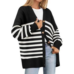 imageZESICA Womens Casual Long Sleeve Cardigan V Neck Button Down Open Front Knit Loose Oversized Sweater CoatStriped