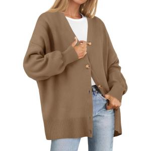 imageZESICA Womens Casual Long Sleeve Cardigan V Neck Button Down Open Front Knit Loose Oversized Sweater CoatTan