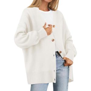 imageZESICA Womens Casual Long Sleeve Cardigan V Neck Button Down Open Front Knit Loose Oversized Sweater CoatWhite