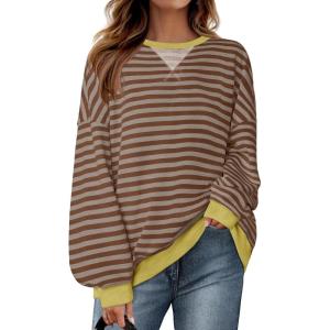imageZESICA Womens Casual Striped Pullover Tops Long Sleeve Shirts Crewneck Oversized Sweatshirts Spring ClothesBrown