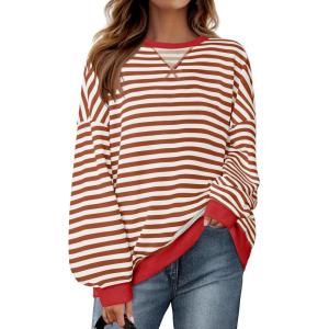imageZESICA Womens Casual Striped Pullover Tops Long Sleeve Shirts Crewneck Oversized Sweatshirts Spring ClothesCaramel