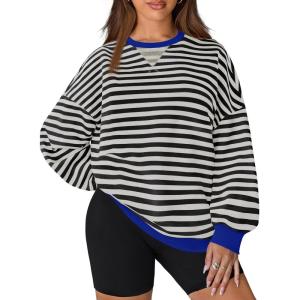imageZESICA Womens Casual Striped Pullover Tops Long Sleeve Shirts Crewneck Oversized Sweatshirts Spring ClothesDim
