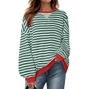 imageZESICA Womens Casual Striped Pullover Tops Long Sleeve Shirts Crewneck Oversized Sweatshirts Spring ClothesGreen