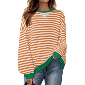 imageZESICA Womens Casual Striped Pullover Tops Long Sleeve Shirts Crewneck Oversized Sweatshirts Spring ClothesOrange