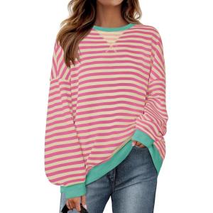 imageZESICA Womens Casual Striped Pullover Tops Long Sleeve Shirts Crewneck Oversized Sweatshirts Spring ClothesPink