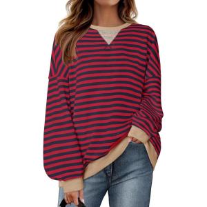 imageZESICA Womens Casual Striped Pullover Tops Long Sleeve Shirts Crewneck Oversized Sweatshirts Spring ClothesRed