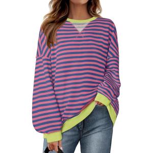 imageZESICA Womens Casual Striped Pullover Tops Long Sleeve Shirts Crewneck Oversized Sweatshirts Spring ClothesRose