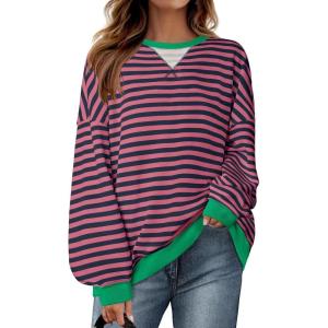 imageZESICA Womens Casual Striped Pullover Tops Long Sleeve Shirts Crewneck Oversized Sweatshirts Spring ClothesRosepink