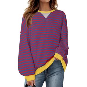 imageZESICA Womens Casual Striped Pullover Tops Long Sleeve Shirts Crewneck Oversized Sweatshirts Spring ClothesRoyalblue