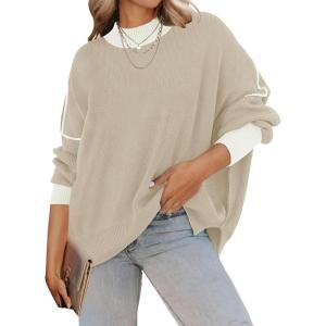 imageZESICA Womens Fall Casual Long Sleeve Crew Neck Side Slit Oversized Ribbed Knit Pullover Sweater TopsGreyapricot