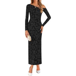 imageZESICA Womens Fall Floral Off Shoulder Bodycon Maxi Dresses 2025 Long Sleeve Ruched Elegant Cocktail Party DressBlack