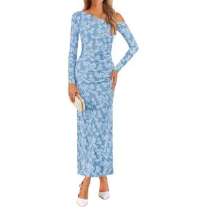 imageZESICA Womens Fall Floral Off Shoulder Bodycon Maxi Dresses 2025 Long Sleeve Ruched Elegant Cocktail Party DressDustyblue
