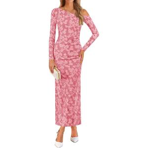 imageZESICA Womens Fall Floral Off Shoulder Bodycon Maxi Dresses 2025 Long Sleeve Ruched Elegant Cocktail Party DressPink