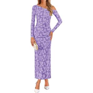 imageZESICA Womens Fall Floral Off Shoulder Bodycon Maxi Dresses 2025 Long Sleeve Ruched Elegant Cocktail Party DressPurple