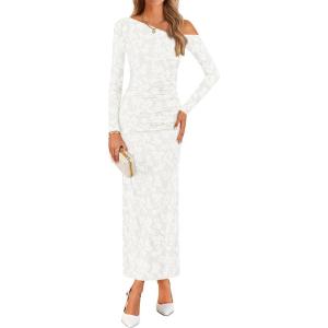 imageZESICA Womens Fall Floral Off Shoulder Bodycon Maxi Dresses 2025 Long Sleeve Ruched Elegant Cocktail Party DressWhite