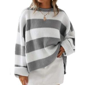 imageZESICA Womens Fall Long Sleeve Crew Neck Striped Color Block Comfy Loose Oversized Knitted Pullover SweaterGrey