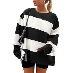 imageZESICA Womens Fall Sweatshirt Tops Crewneck Long Sleeve Loose Oversized Striped Fleece Pullover 2025 ClothesBlack