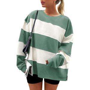 imageZESICA Womens Fall Sweatshirt Tops Crewneck Long Sleeve Loose Oversized Striped Fleece Pullover 2025 ClothesGreen